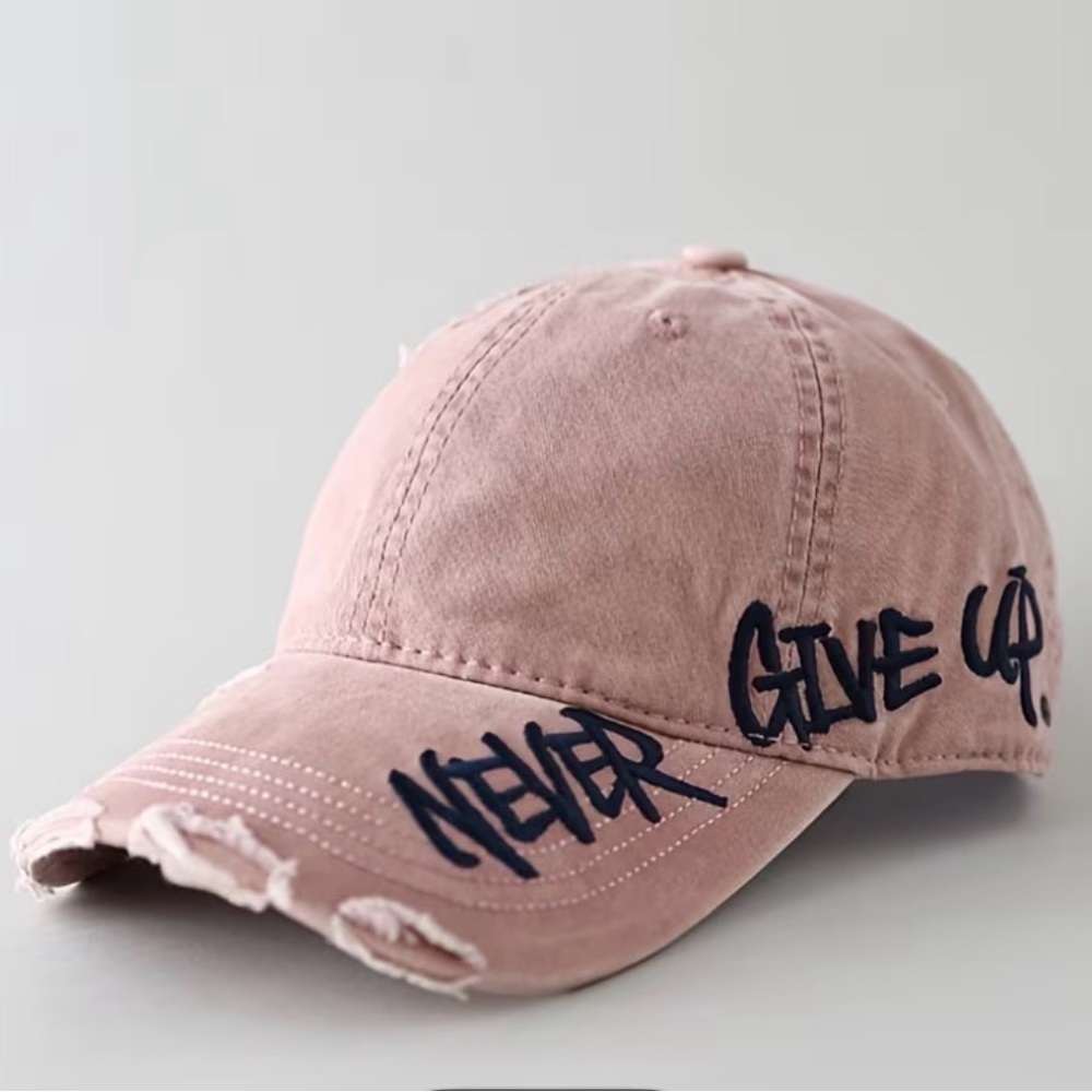 Pink Distressed Cap with Motivational Text Hat Never Give Up Blush